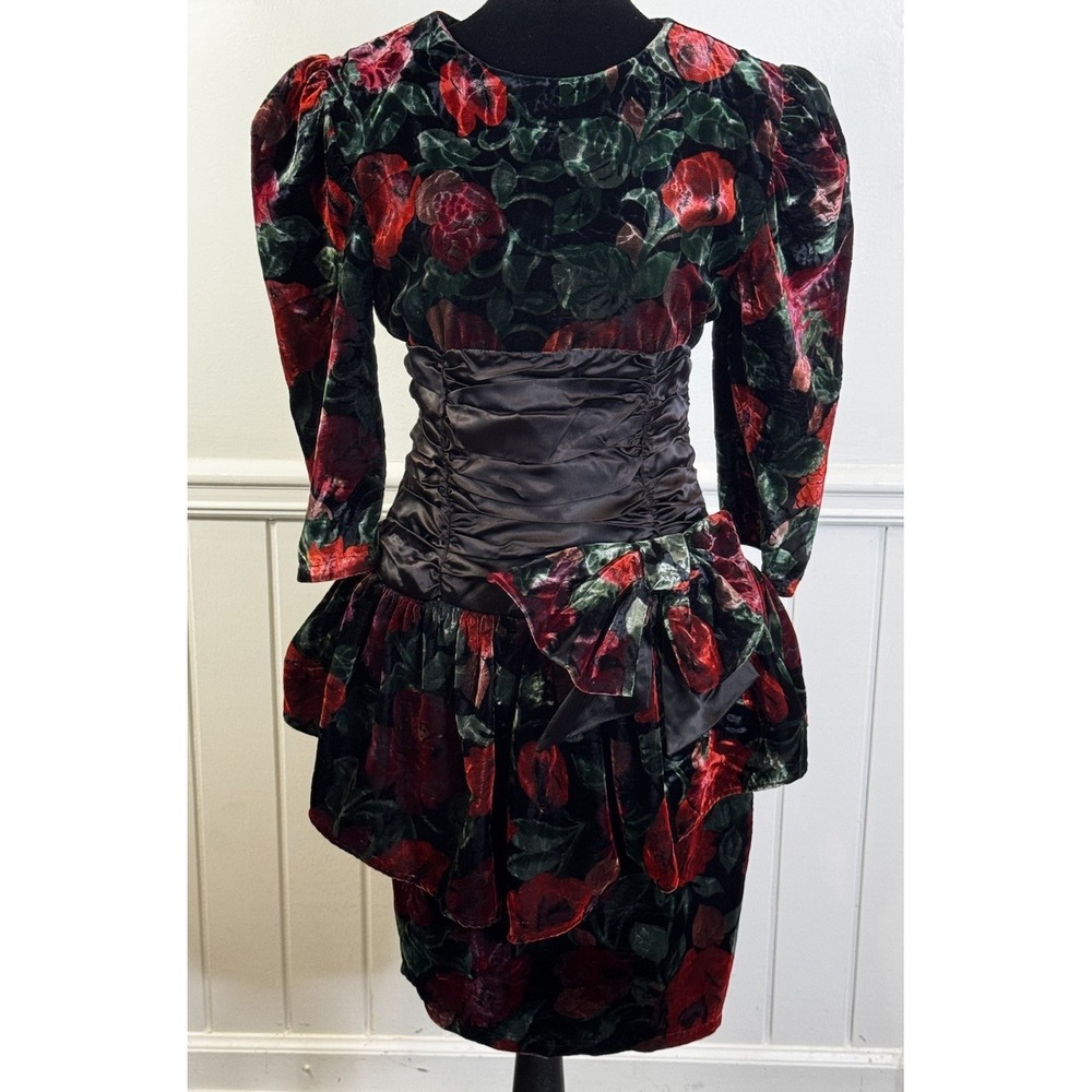 Vintage 1980s Party Dress M Black Red Velvet Floral Glam USA Puff Sleeve Bow - Picture 12 of 16